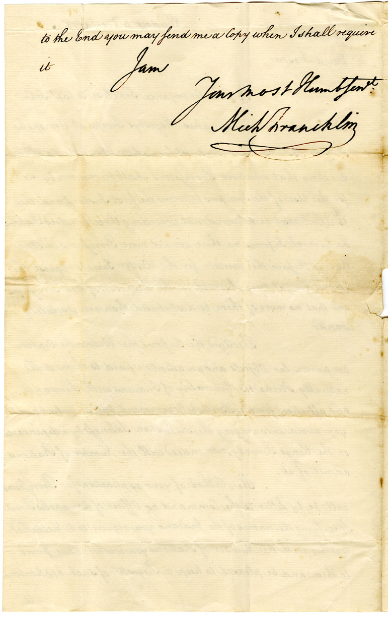 Easson : Letter, Michael Francklin, Windsor, to David Easson