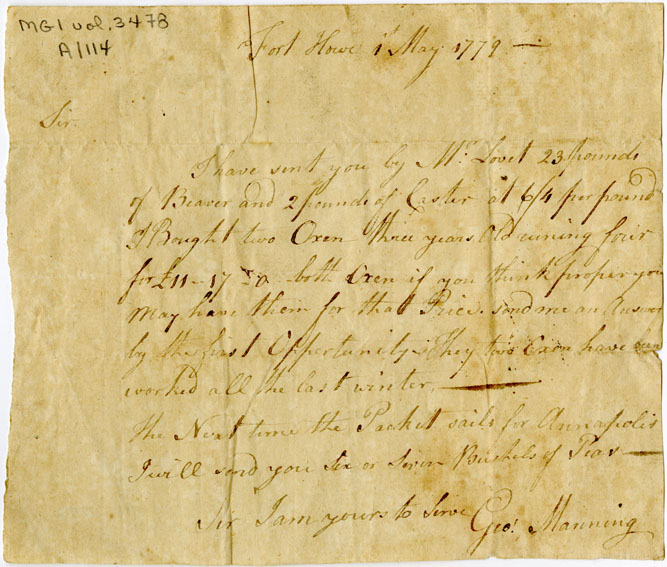 Easson : Letter, George Manning, Fort Howe