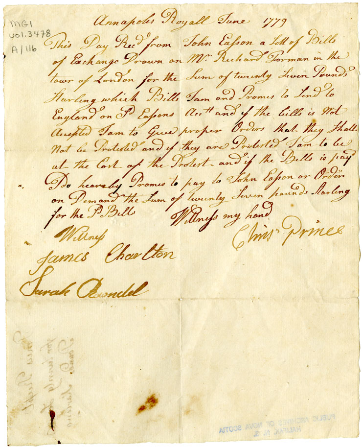 Easson : Receipt, Christopher Prince, Annapolis Royal, to John Easson