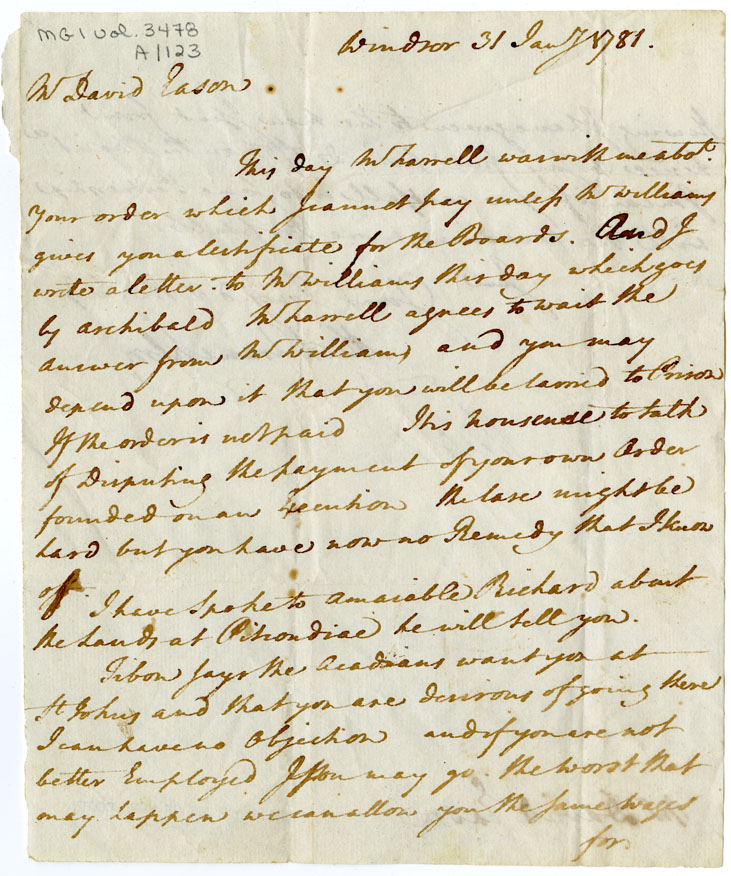 Easson : Letter, Michael Francklin, Windsor, to David Easson