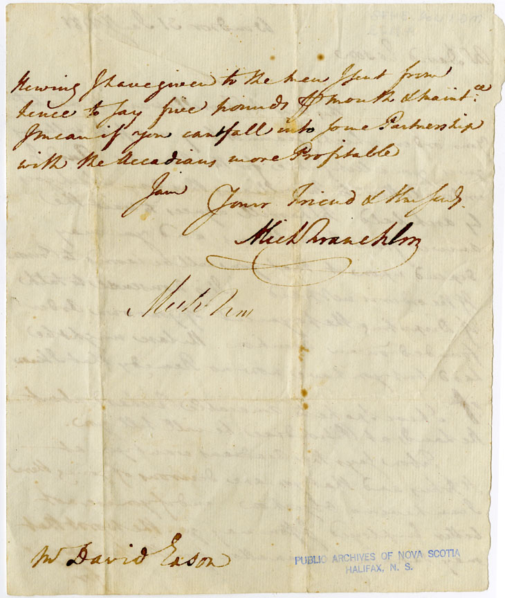 Easson : Letter, Michael Francklin, Windsor, to David Easson