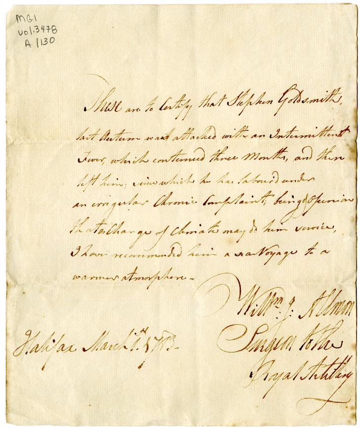 Easson : Letter, William J. Almon, Surgeon to the Royal Artillery, Halifax