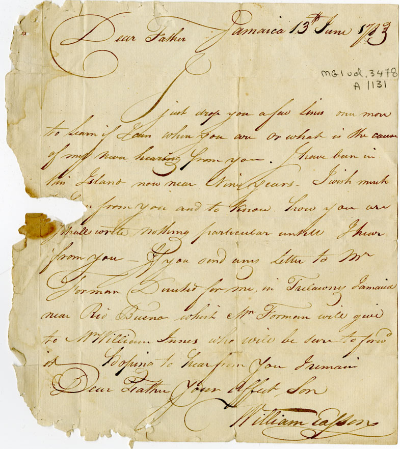 Easson : Letter, William Easson, Jamaica, to John Easson