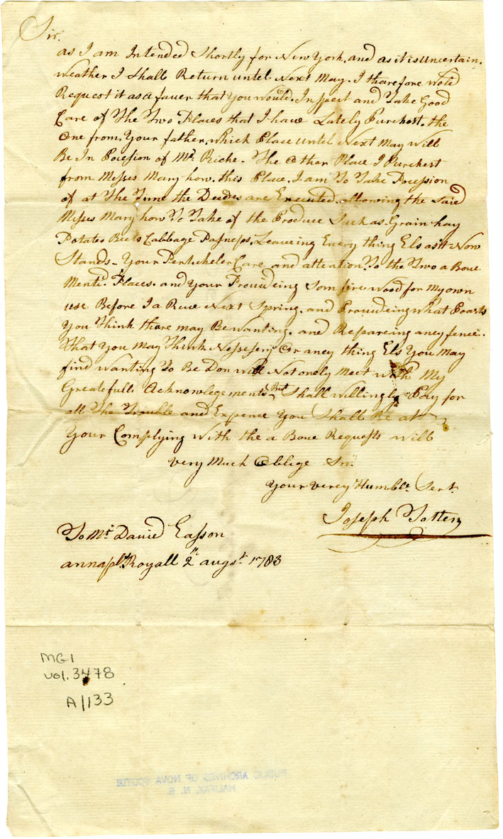 Easson : Letter, Joseph Totten to David Easson