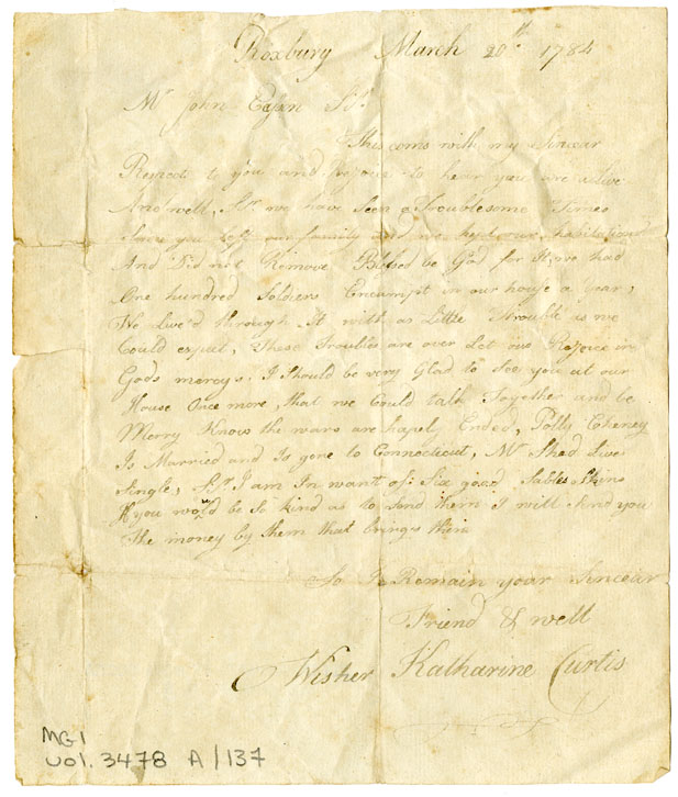 Easson : Letter, Katharine Curtis, Roxbury, to John Easson