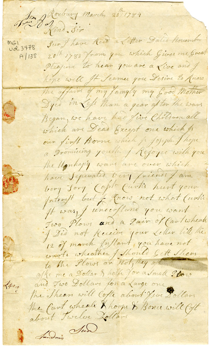 Easson : Letter, Joseph Curtis, Roxbury, to John Easson