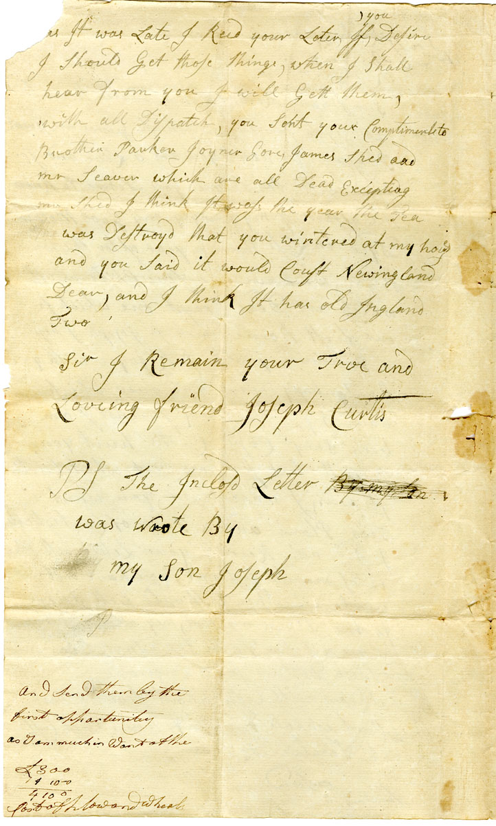 Easson : Letter, Joseph Curtis, Roxbury, to John Easson