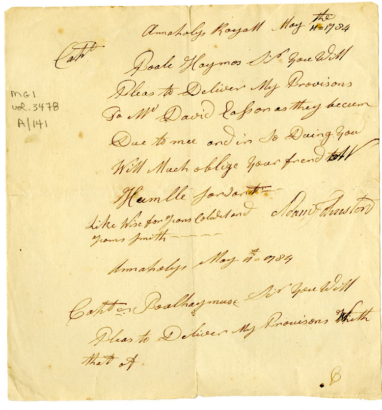 Easson : Letter, Adam Johnston, Annapolis, to Captain Poale Haymos [Polhemus]