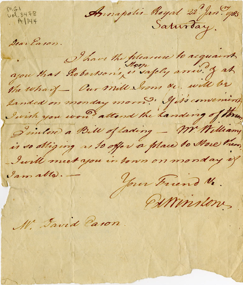 Easson : Letter, Edward Winslow, Annapolis Royal, to David Easson