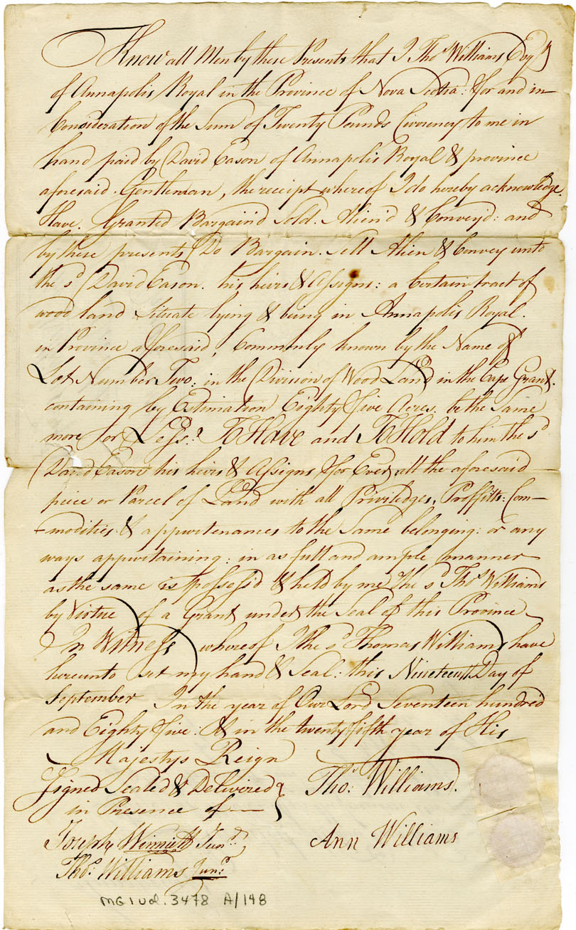 Easson : Deed of Conveyance, Thomas Williams, Esq., to David Easson, Gentleman, both of Annapolis Royal