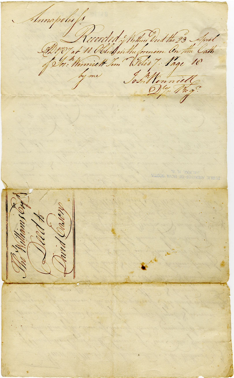 Easson : Deed of Conveyance, Thomas Williams, Esq., to David Easson, Gentleman, both of Annapolis Royal