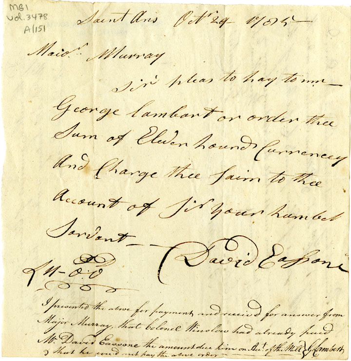 Easson : Letter, David Easson, Saint Ans, to Major Murray