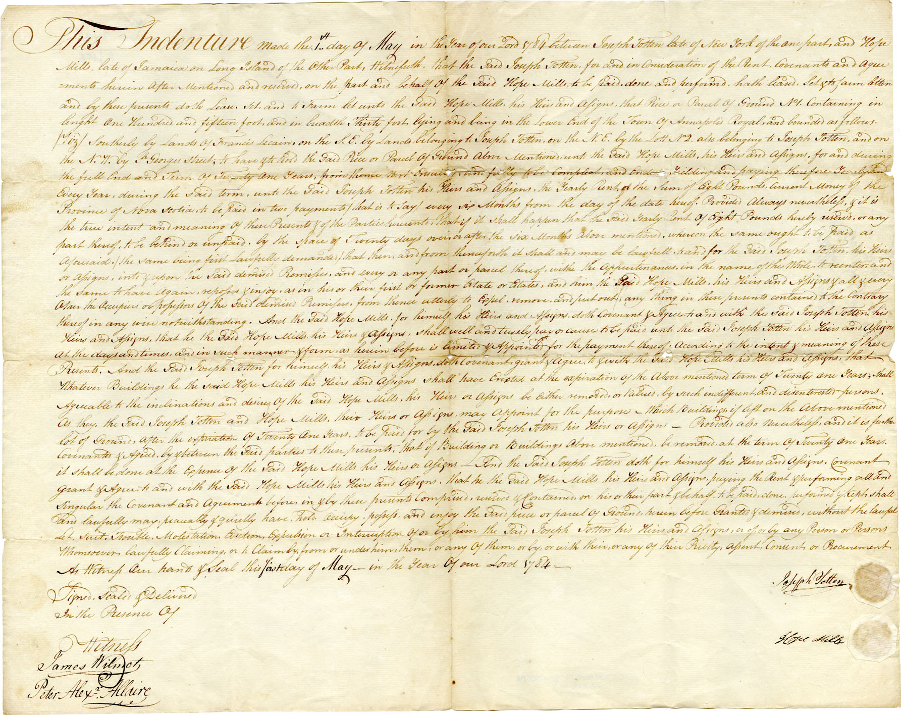 Easson : Indenture, Joseph Totten, late of New York, to Hope Mills, late of Jamaica, Long Island