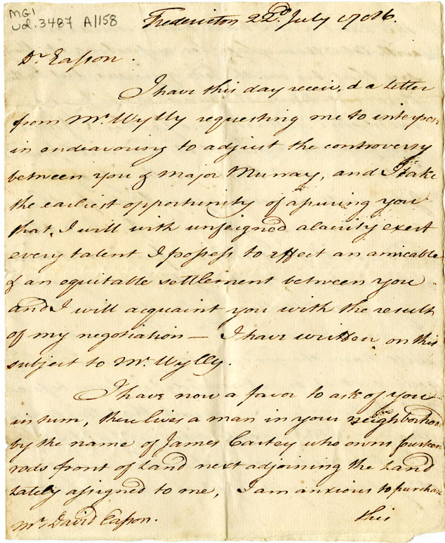 Easson : Letter, Edward Winslow, Fredericton, to David Easson