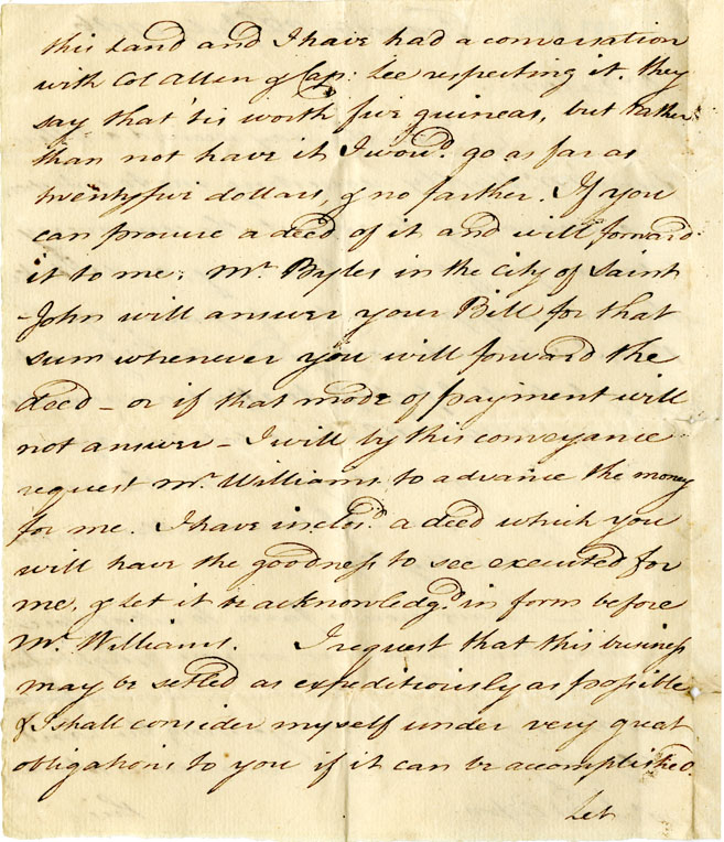 Easson : Letter, Edward Winslow, Fredericton, to David Easson