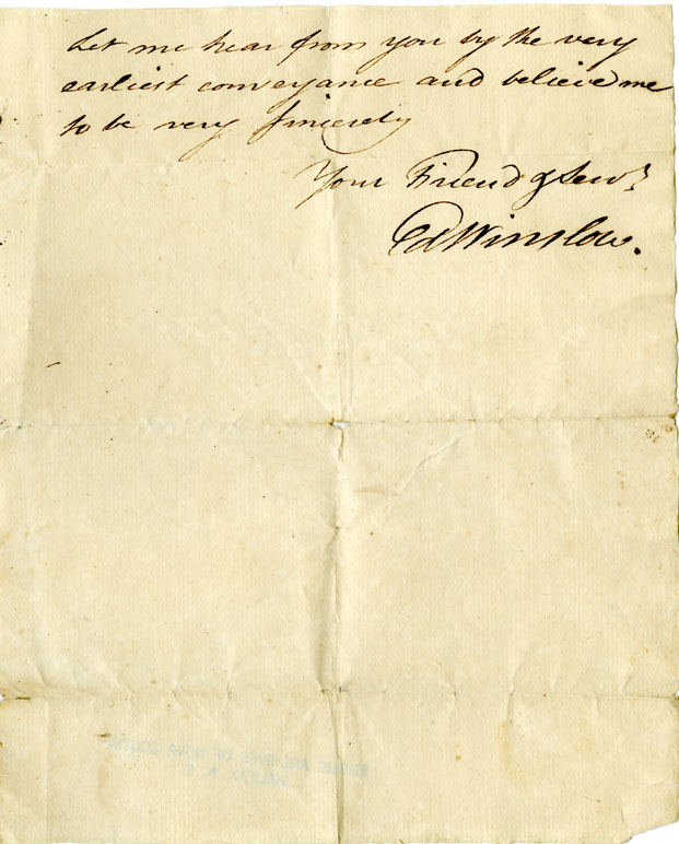 Easson : Letter, Edward Winslow, Fredericton, to David Easson