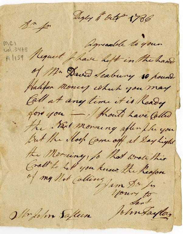 Easson : Letter, John Taylor, Digby, to John Easson