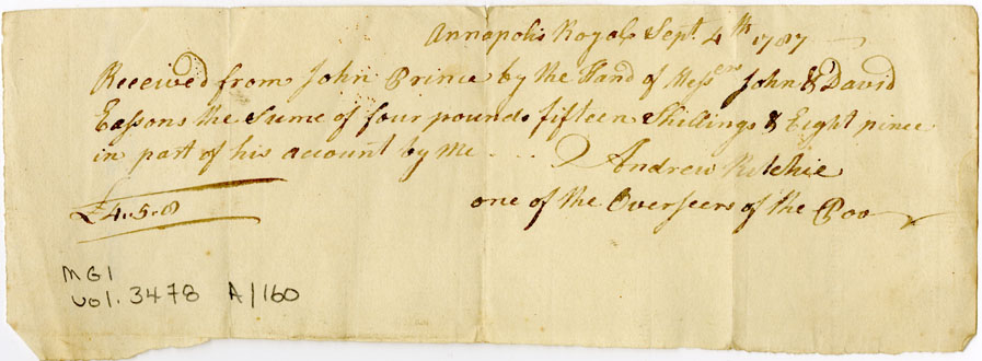 Easson : Receipt, Andrew Ritchie, Overseer of the Poor, to John Prince