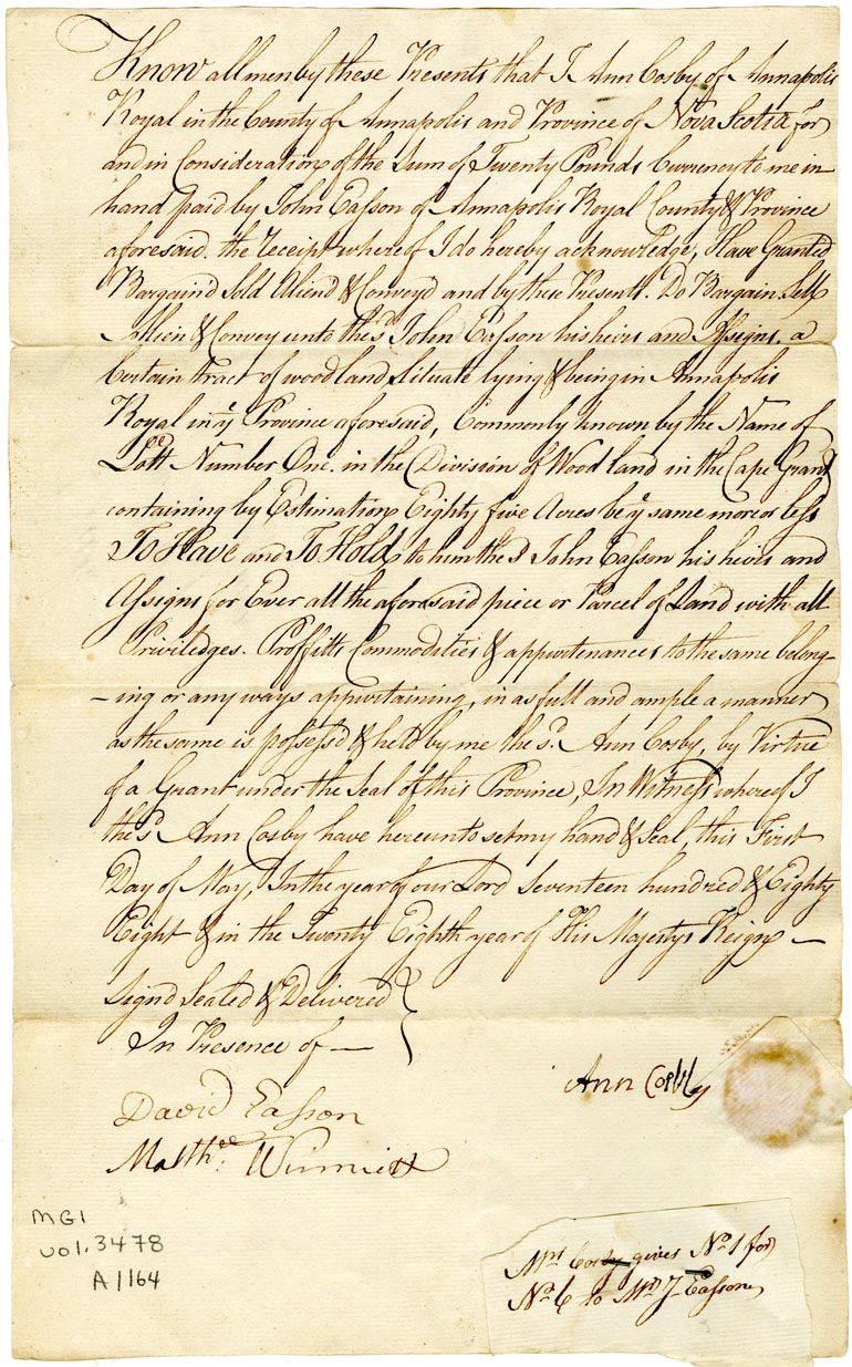 Easson : Deed, Ann Cosby, Annapolis Royal, to John Easson