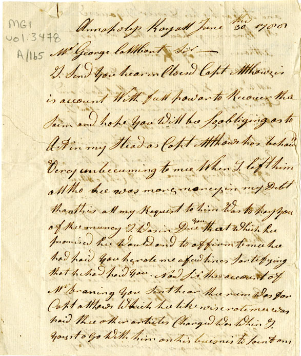 Easson : Letter, David Easson, Annapolis Royal, to George Lambant [Lambert]