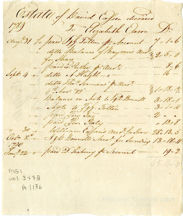 Easson : Account, Estate of David Easson, deceased, with Elizabeth Easson [his widow]