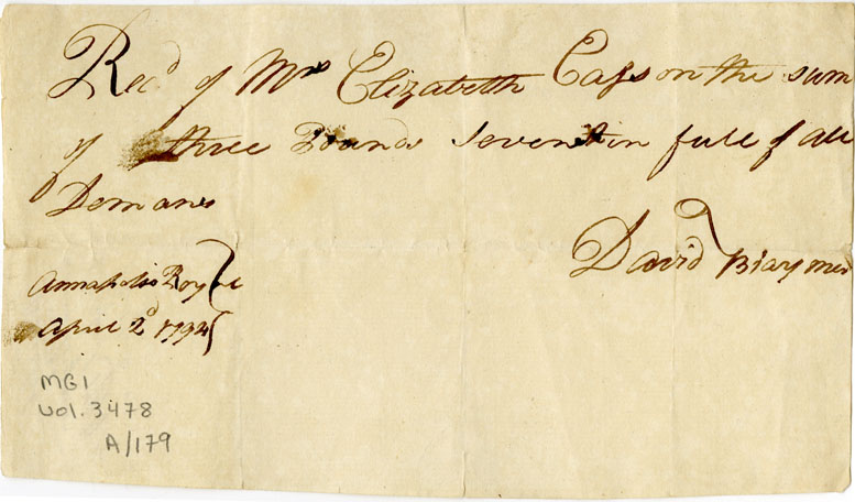 Easson : Receipt, David Brayman, Annapolis Royal, to Mrs. Elizabeth Easson