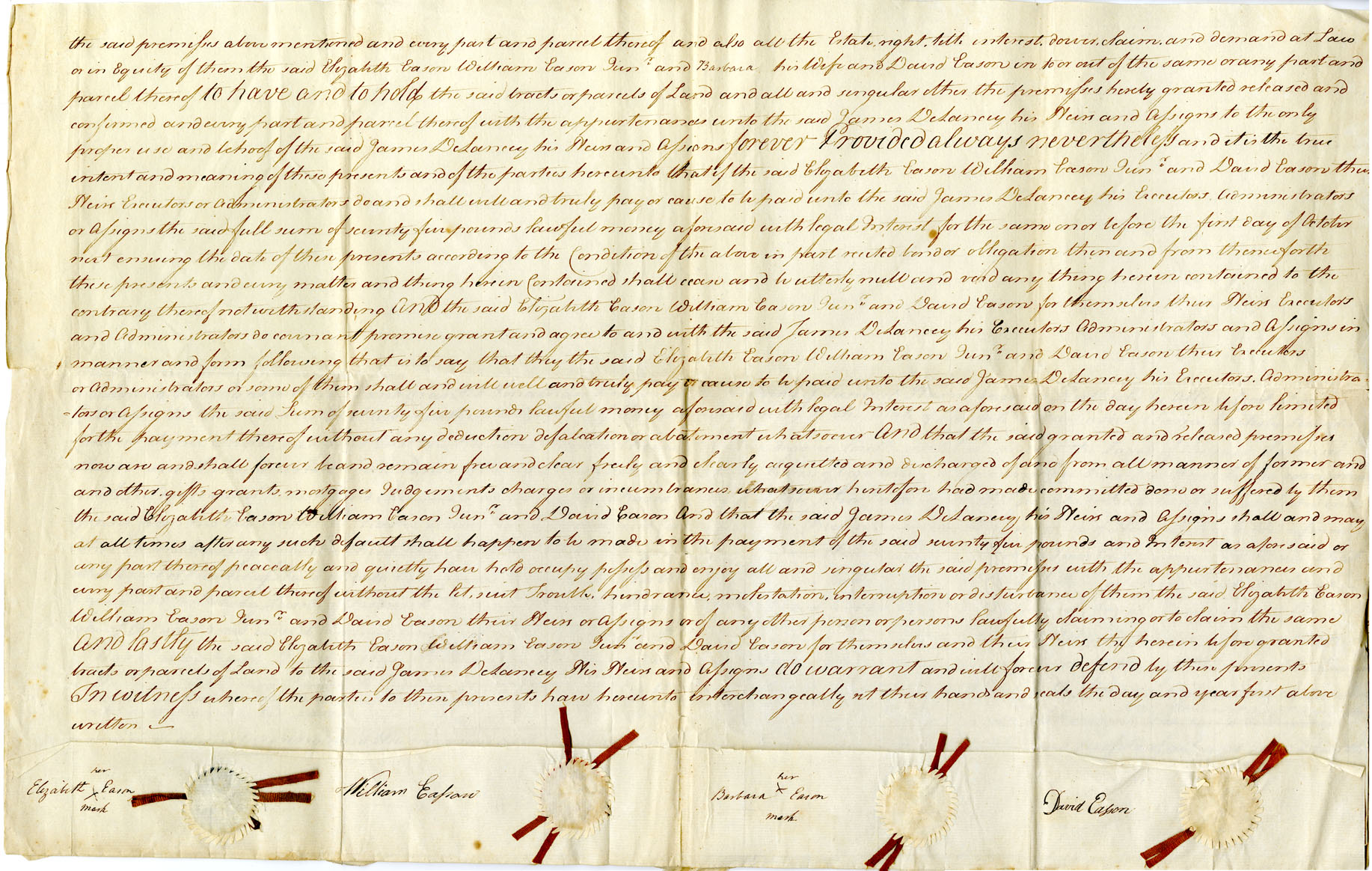 Easson : Mortgage Indenture, Elizabeth Easson, William Easson Jr. and Barbara, his wife, and David Easson to Hon. James DeLancey