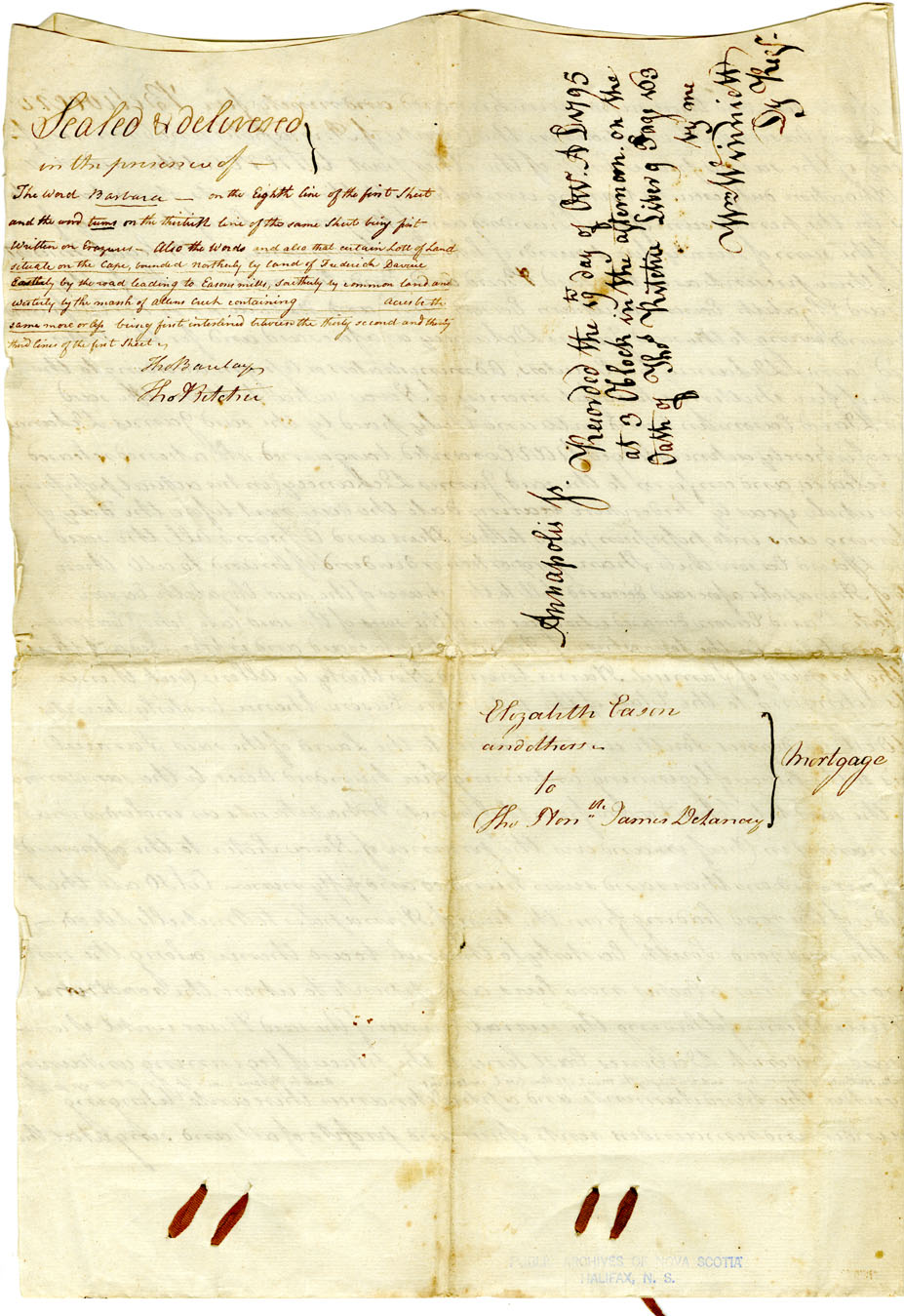 Easson : Mortgage Indenture, Elizabeth Easson, William Easson Jr. and Barbara, his wife, and David Easson to Hon. James DeLancey