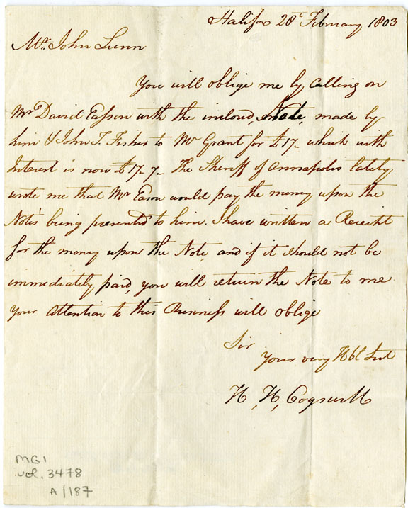 Easson : Letter, H.H. Cogswell, Halifax, to John Lunn