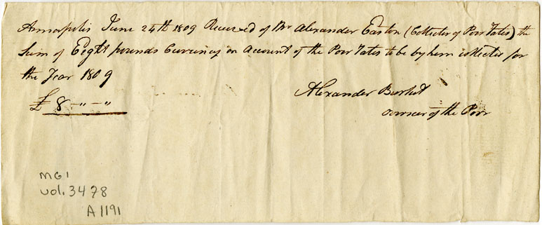 Easson : Receipt, Alexander Burket, Overseer of the Poor, to Alexander Easton, Collector of Poor Rates