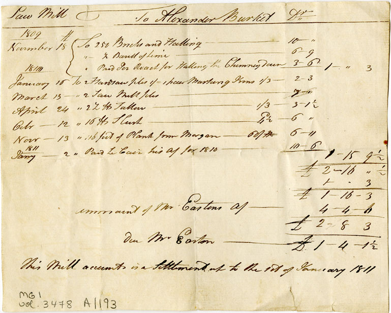 Easson : Account, Alexander Burket with Mr. Easton, for Saw Mill Expenses