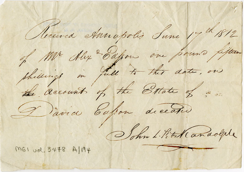 Easson : Receipt, John L. FitzRandolph to Alexander Easson