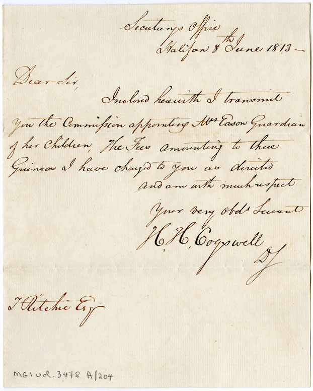 Easson : Letter, H.H. Cogswell, Halifax, to T. Ritchie