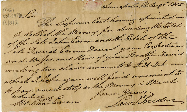 Easson : Letter, Lawrence Sneden, Annapolis, to Alexander Easson