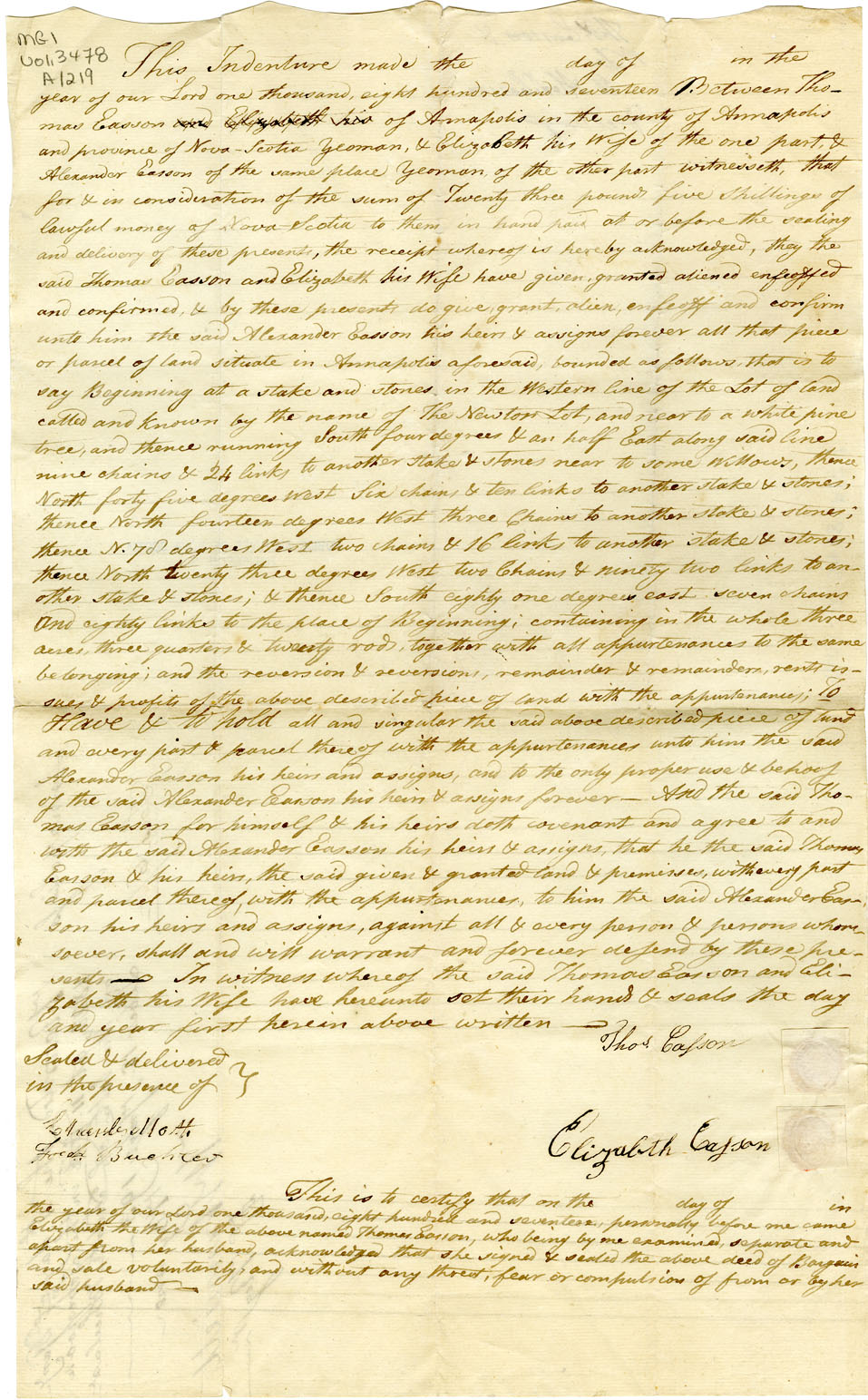 Easson : Indenture, Thomas Easson, Annapolis, Yeoman, and his Wife Elizabeth, to Alexander Easson, Annapolis, Yeoman