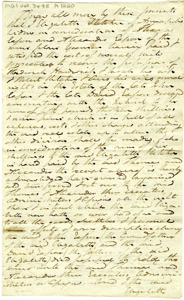 Easson : Indenture, Elizabeth Ritchie, Widow of Matthew Ritchie, to Thomas Easson and Alexander Easson, Annapolis, Yeomen