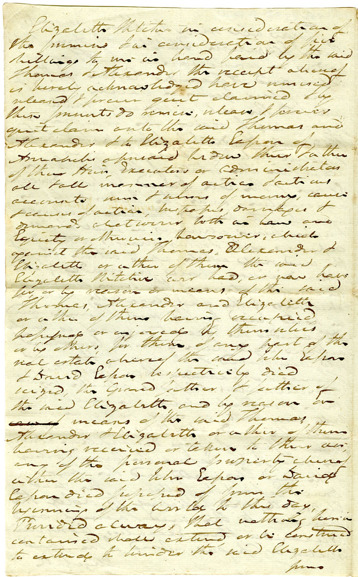 Easson : Indenture, Elizabeth Ritchie, Widow of Matthew Ritchie, to Thomas Easson and Alexander Easson, Annapolis, Yeomen