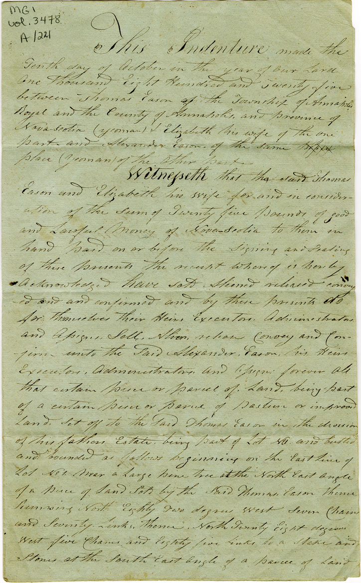 Easson : Indenture, Thomas Easson and his Wife Elizabeth, to Alexander Easson