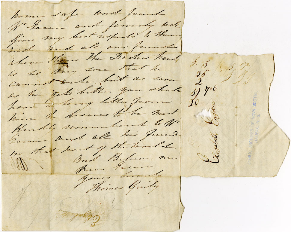 Easson : Letter, Thomas Gurly, Halifax, to Alexander Easson