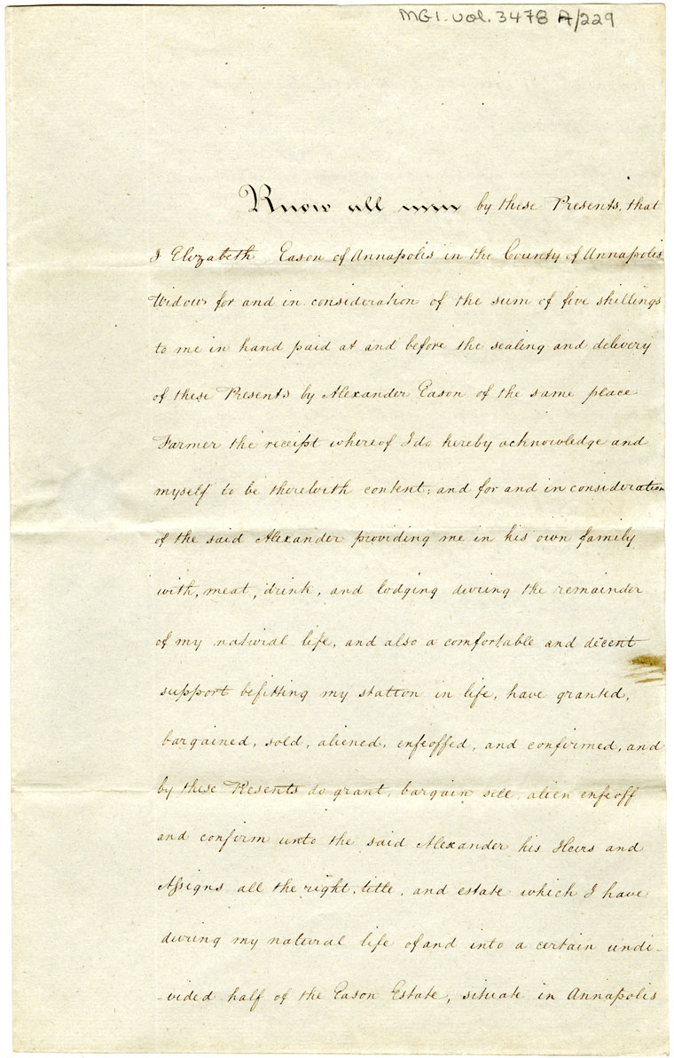 Easson : Indenture, Elizabeth Easson, Annapolis, Widow, to Alexander Easson