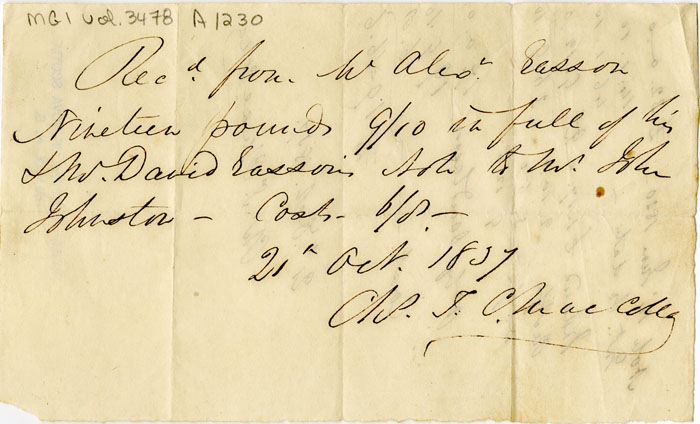 Easson : Receipt, Charles I.C. MacColla to Alexander Easson