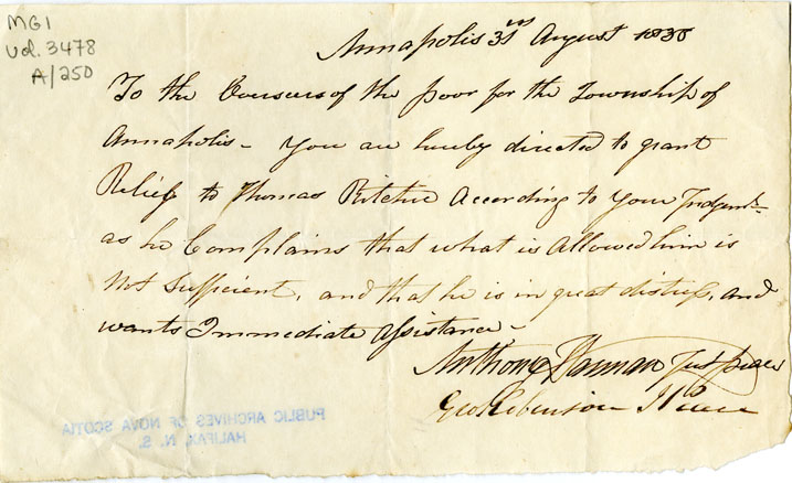 Easson : Letter of Direction to the Overseers of the Poor, Annapolis Township