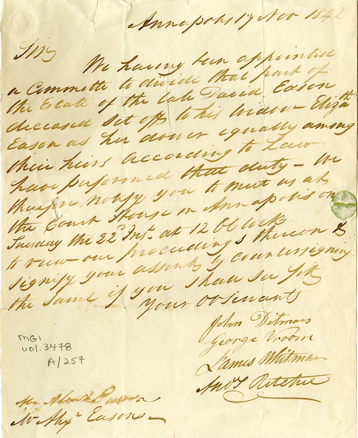 Easson : Letter, John Ditmars, George Vroom, James Whitman and Amos Ritchie, to Alexander Easson