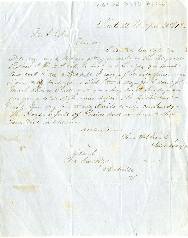 Easson : Letter, Jesse Hoyt, Kentville, to James Easson