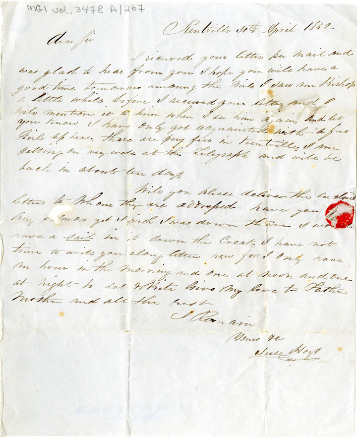 Easson : Letter, Jesse Hoyt, Kentville, to James Easson