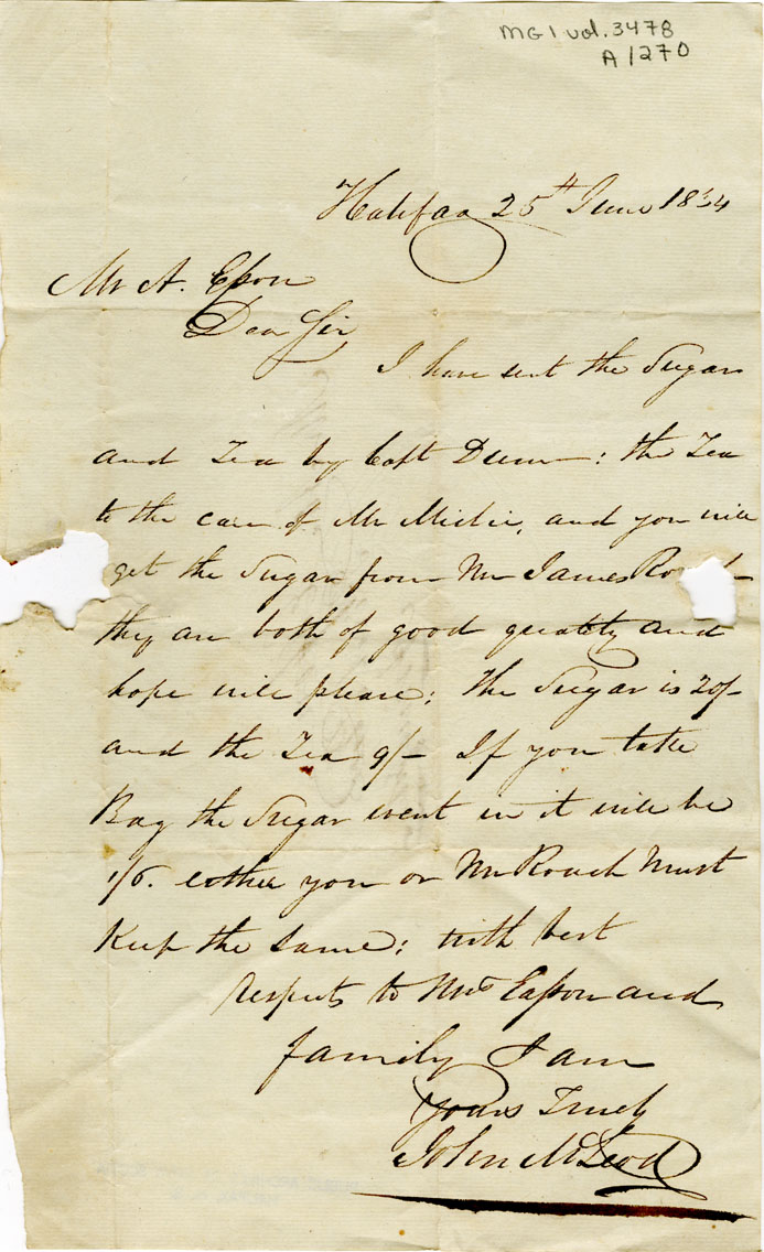 Easson : Letter, John McLeod, Halifax, to Alexander Easson, Birch Place, Annapolis