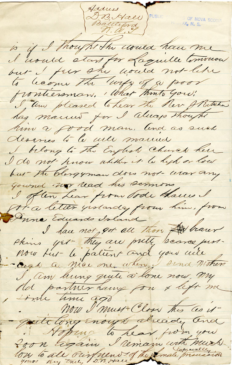 Easson : Letter, D.B. Hall, Battleford, NWT, to Deborah Easson