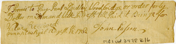 Easson : Promissory note, John Easson, in favour of Paul Dudley Woodbridge