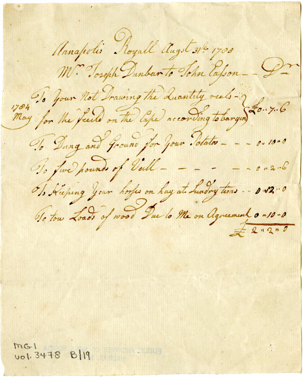 Easson : Account, Joseph Dunbar with John Easson, Annapolis Royal