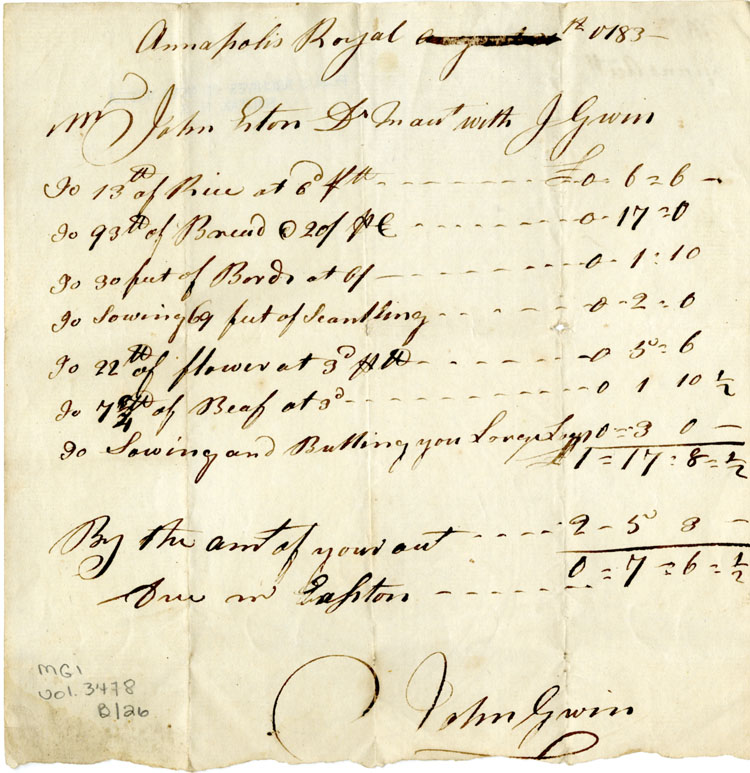 Easson : Account, John Easson with John Gwin, Annapolis Royal